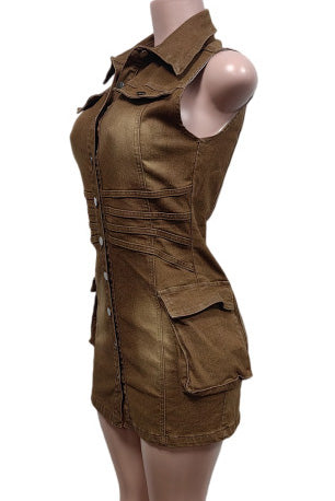 Sleeveless Cargo Denim Mini Dress Lavish Daily