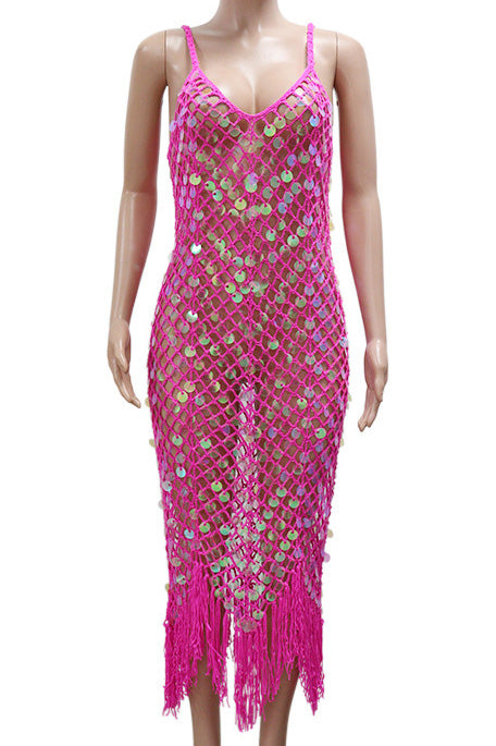 Disco V-Neck Fringe Hem Slip Dress Lavish Daily