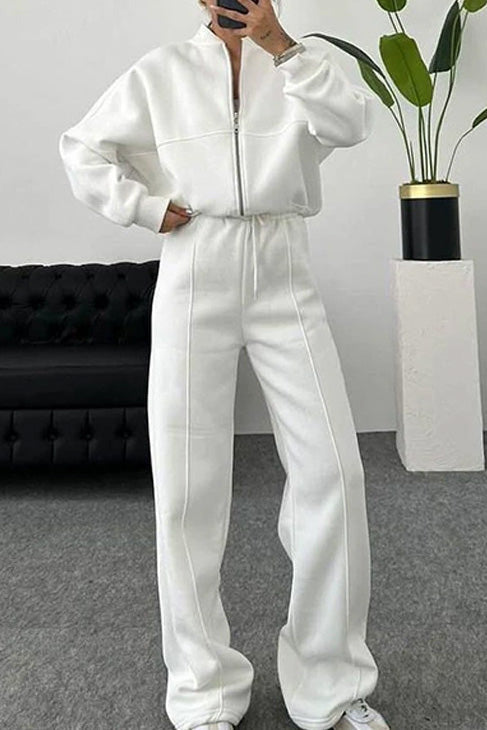 Baseball Collar Full Zip Drawstring Pants Set Lavish Daily