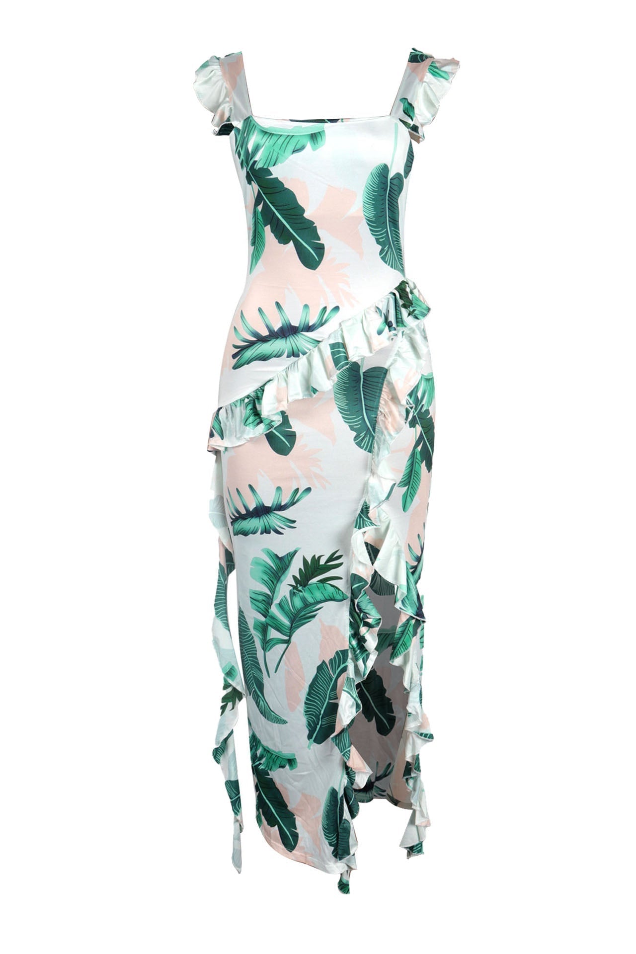 Long Strapless Dress With Slits and Tropical Print Lavish Daily