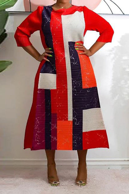 Abstract Print Pleated A Line Midi Dress Lavish Daily