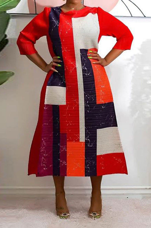 Abstract Print Pleated A Line Midi Dress Lavish Daily