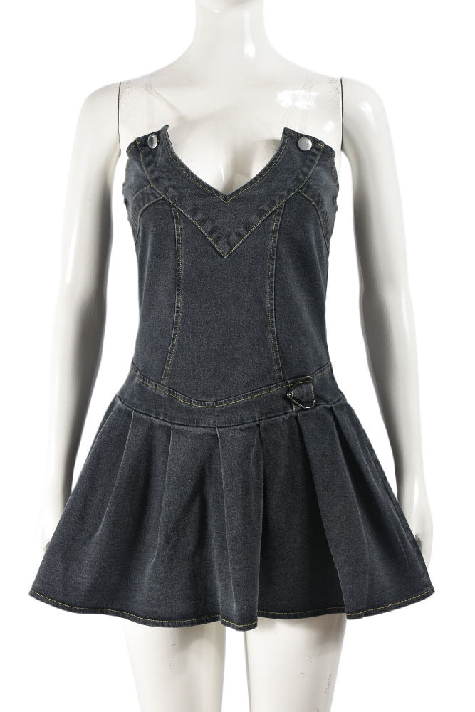 V Neck Pleated Denim Dress Lavish Daily