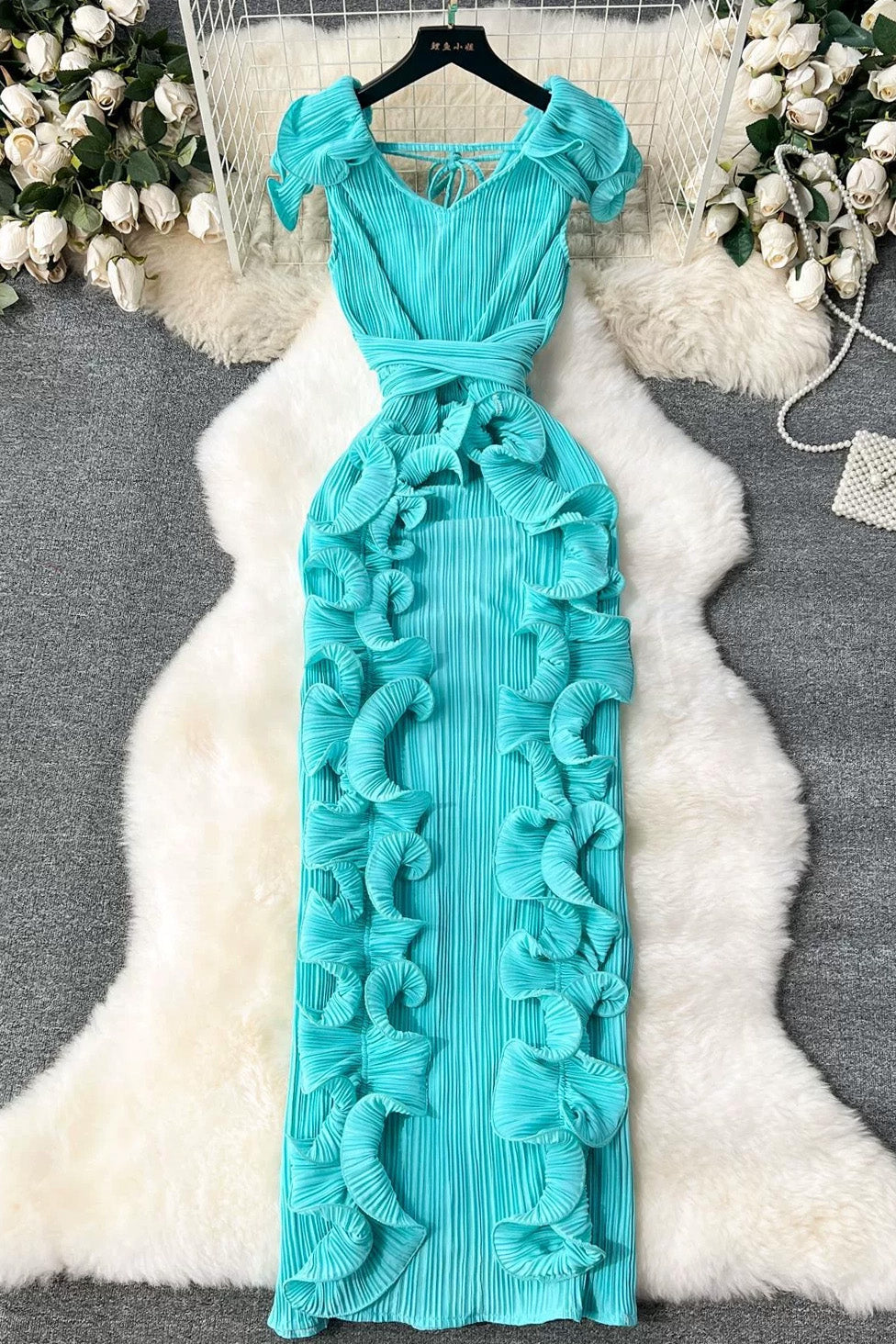 Ruffle 3D Floral V Neck Midi Dress Lavish Daily