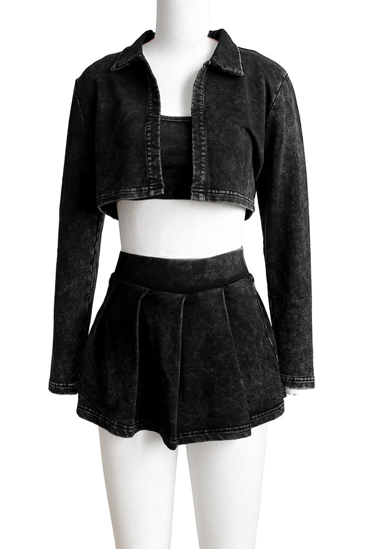Three-Piece Acid Wash Set with Mini Pleated Skirt Lavish Daily