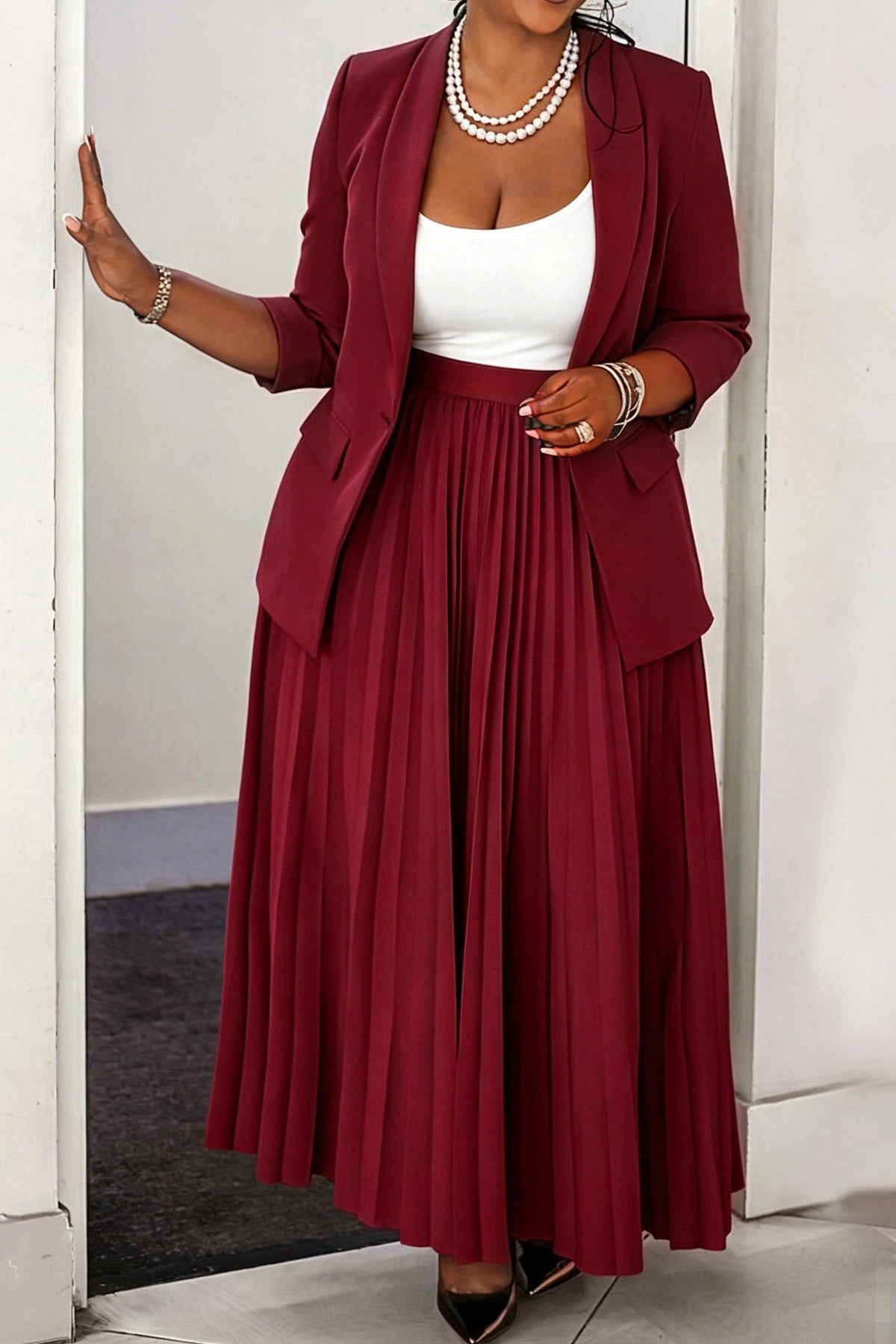 Plus Size Blazer & Pleated Skirt Set LavishDaily