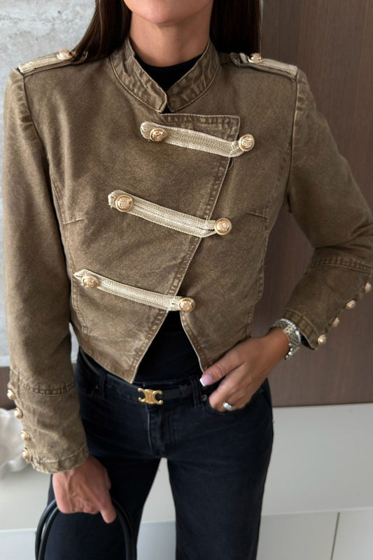 Cropped Military Jacket with Metal Button Detail Lavish Daily
