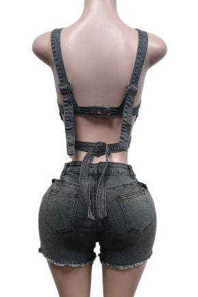 Denim Top & Cut Out Shorts Set Lavish Daily