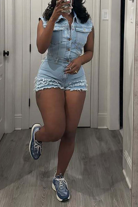 Fringe Denim Romper Lavish Daily