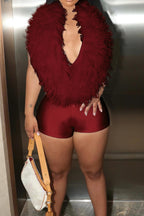 Deep V Feather Halter Romper LavishDaily