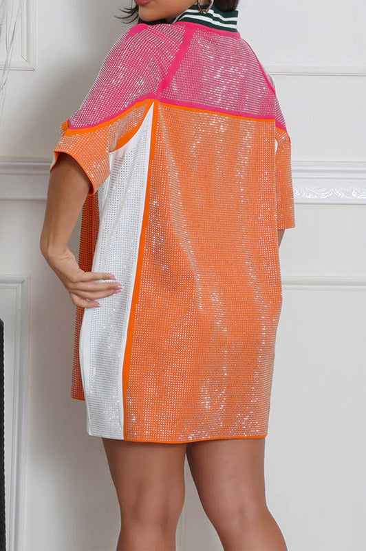 Colorblock Rhinestone V-Neck Dress Lavish Daily