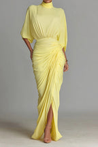 High Neck Half Sleeve Pleated Maxi Dress Lavish Daily