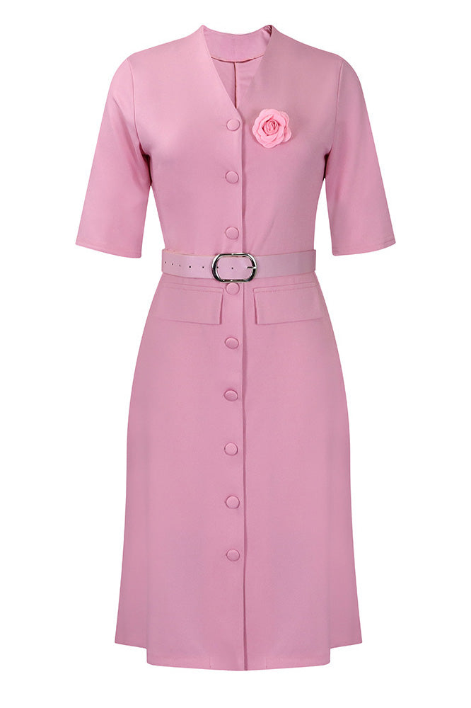 V-Neck Button Front Solid Color Midi Dress Lavish Daily
