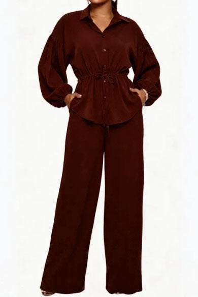 Drawstring Shirt & Wide Leg Pant Set Lavish Daily