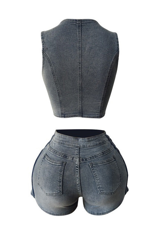 Stretch Denim Apron Shorts Set - Vest & Shorts Lavish Daily