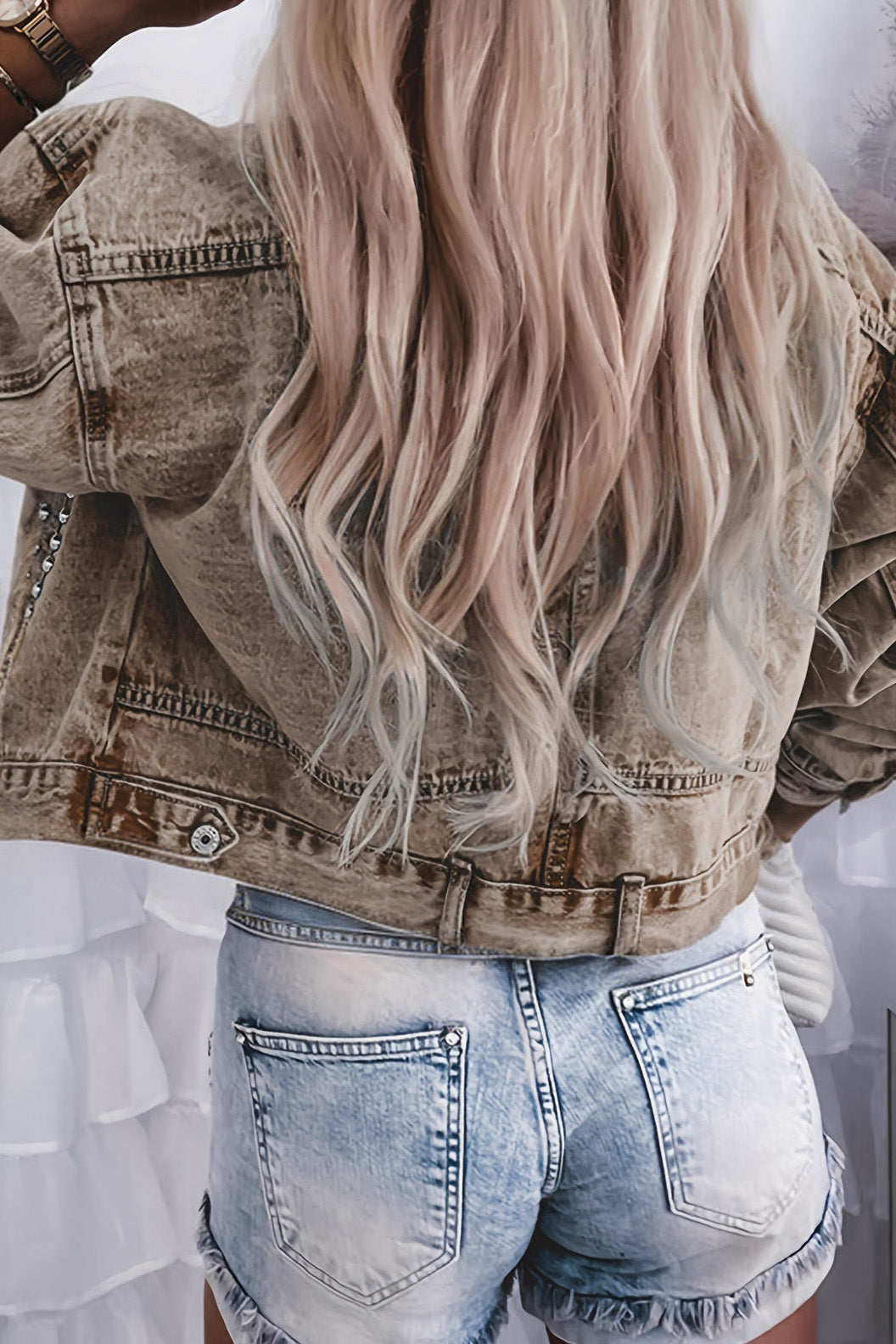 Rivet Studded Pocketed Denim Jacket Lavish Daily