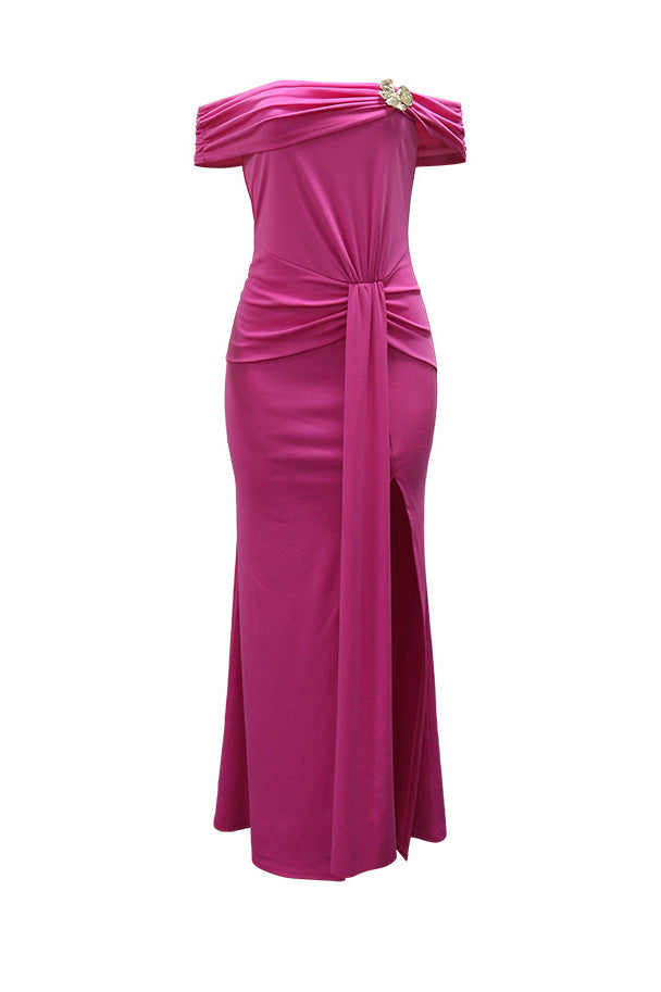 Off-Shoulder Draped Slit Maxi Dress Lavish Daily