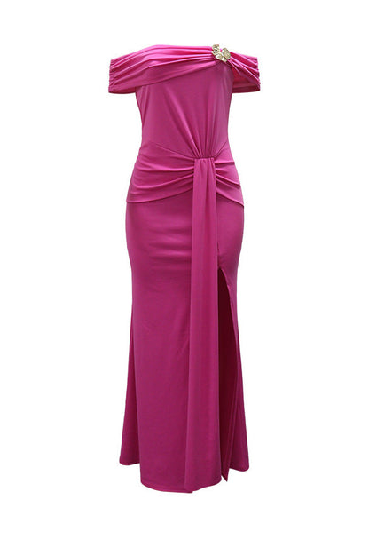 Off-Shoulder Draped Slit Maxi Dress Lavish Daily