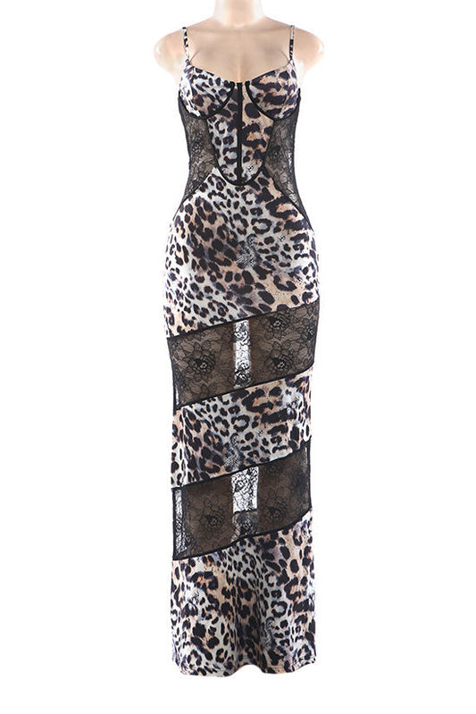 Leopard Print Lace Patchwork Cami Maxi Dress Lavish Daily