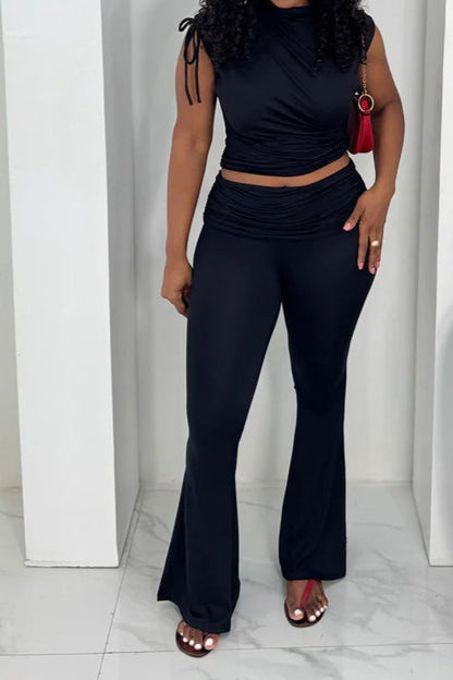 Ruched Mock Neck & Flare Pant Set Lavish Daily