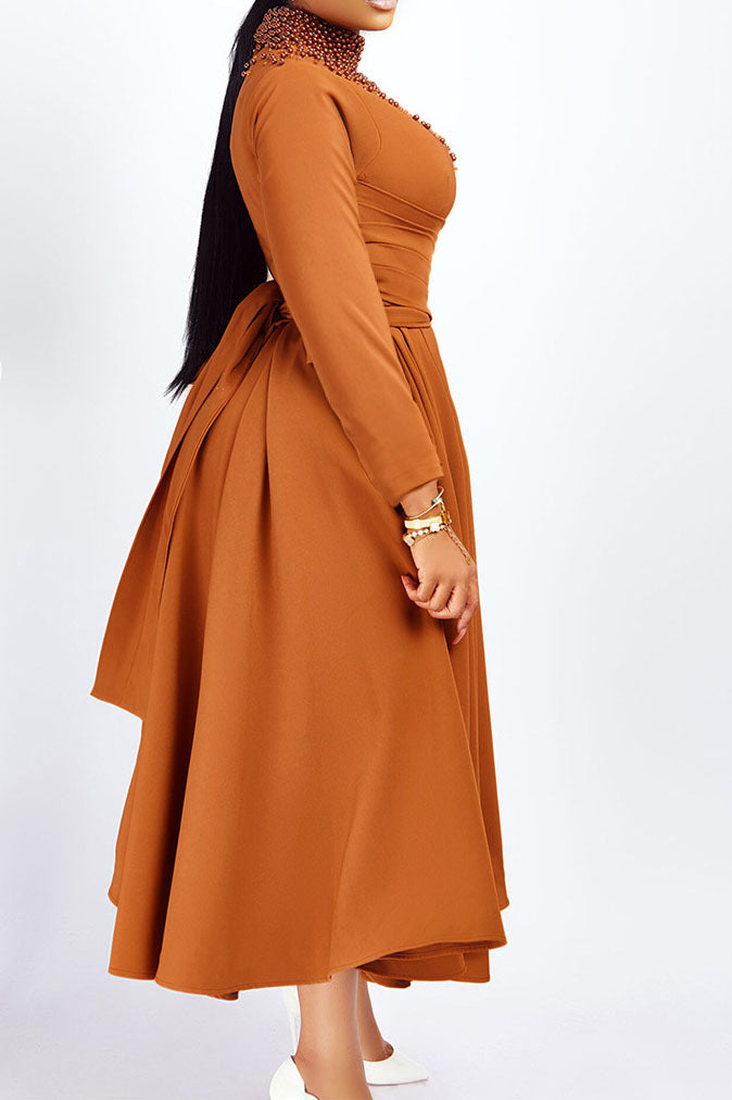 High Collar Elegant Beaded Large Swing Dress Lavish Daily