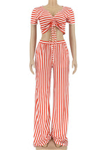 Striped Print V Neck Short Sleeve Two Piece Set Lavish Daily