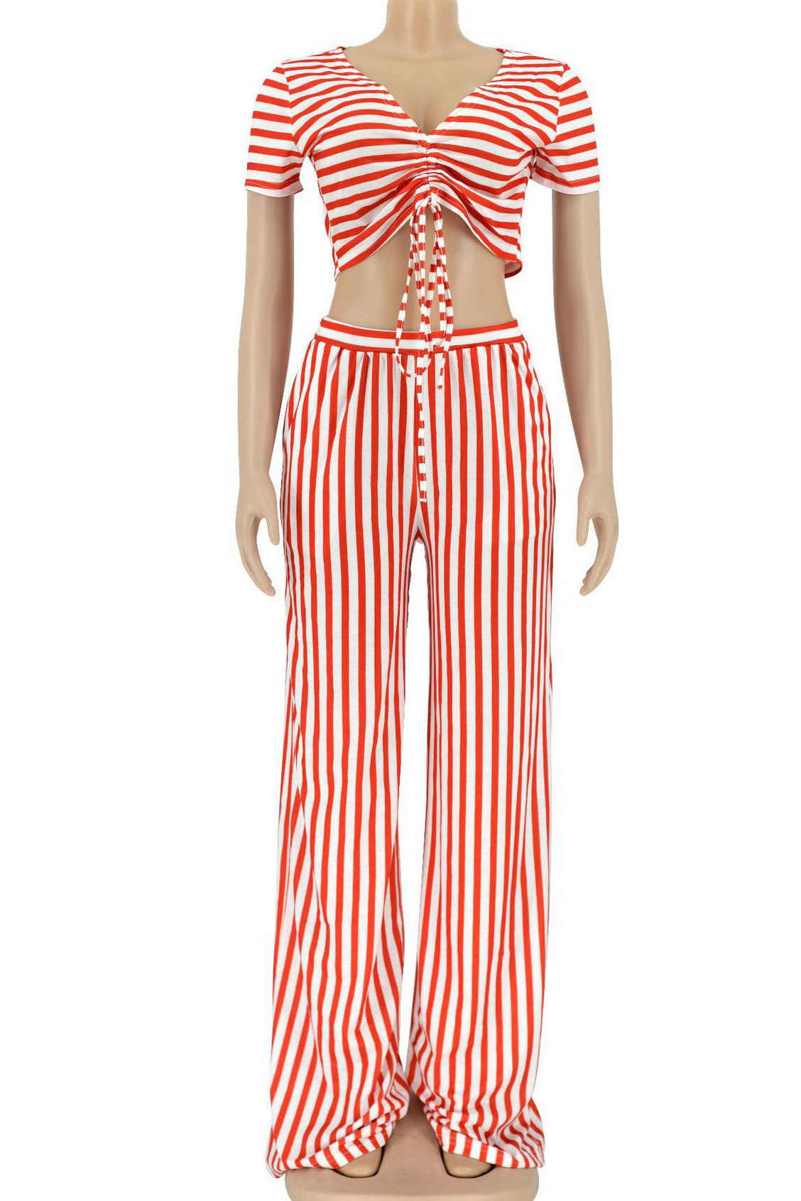 Striped Print V Neck Short Sleeve Two Piece Set Lavish Daily