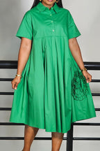 Casual Shirt Collar 3D Floral Pocket Midi Dress Lavish Daily