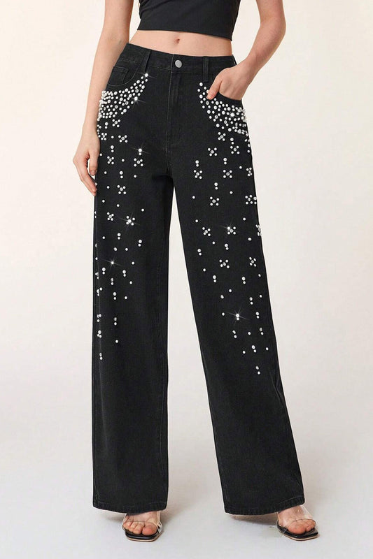 Pearl & Rhinestone Embellished Wide Leg Jeans LavishDaily
