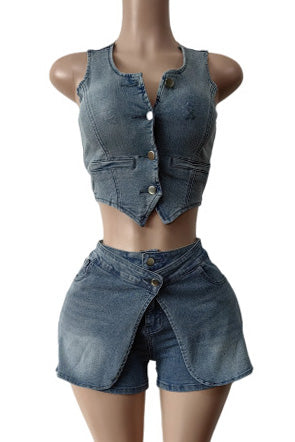 Stretch Denim Apron Shorts Set - Vest & Shorts Lavish Daily
