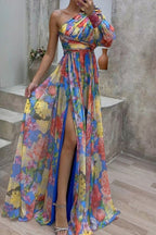 Lantern Sleeve One Shoulder Floral Slit Maxi Dress Lavish Daily