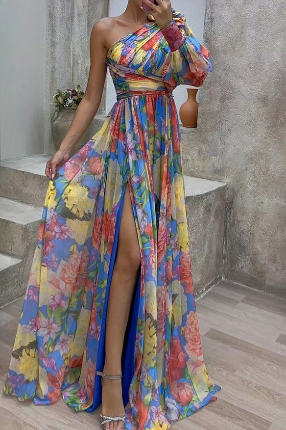Lantern Sleeve One Shoulder Floral Slit Maxi Dress Lavish Daily
