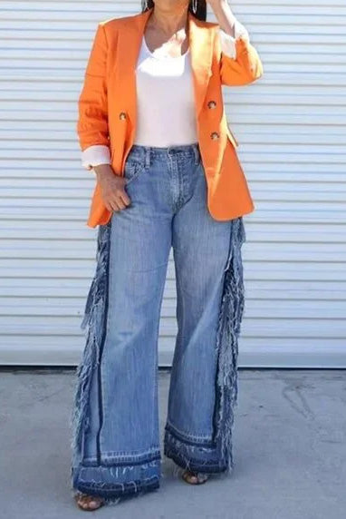 Side Fringe Wide Leg Raw Hem Jeans Lavish Daily