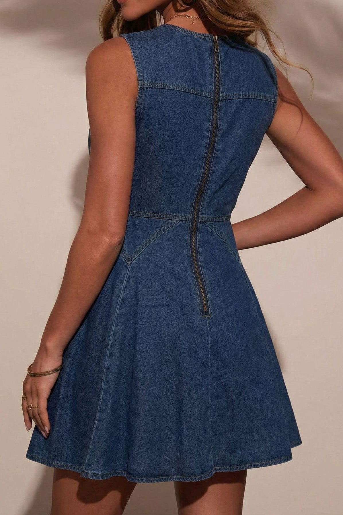 Decorative Jeweled Button Denim Mini Dress Lavish Daily