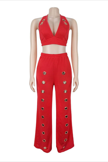 Oversized Eyelet Halter Crop Top & Pant Set Lavish Daily