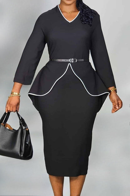 Contrast Trim Belted Peplum Midi Dress Lavish Daily