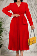 V Neck Long Sleeve Pleated Midi Dress Lavish Daily