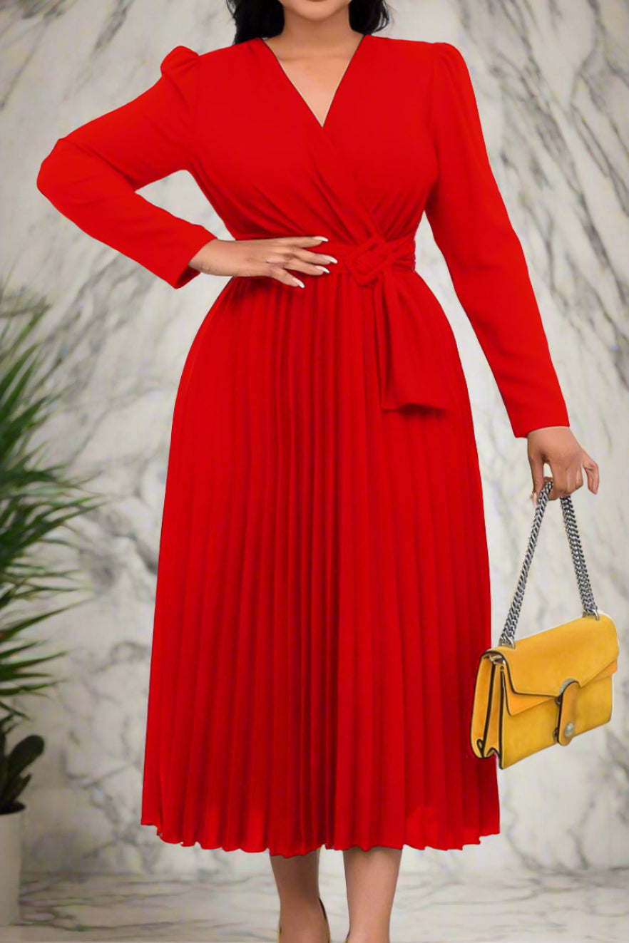 V Neck Long Sleeve Pleated Midi Dress Lavish Daily