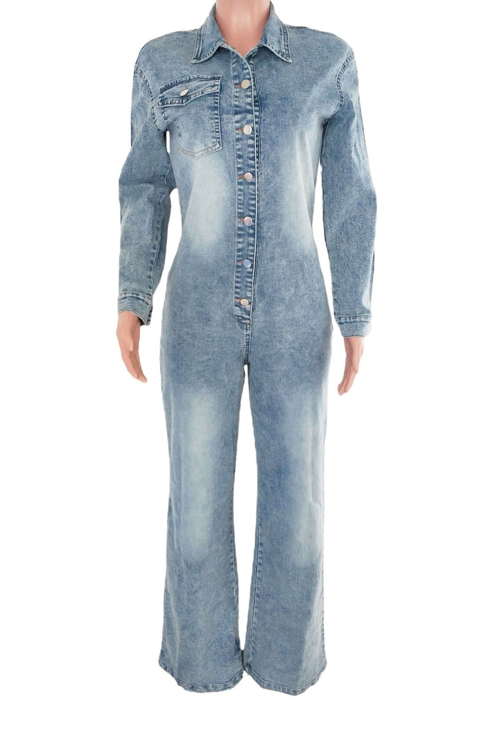 Slim Fit Long Sleeve Washed Denim Jumpsuit LavishDaily