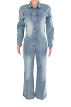 Slim Fit Long Sleeve Washed Denim Jumpsuit LavishDaily