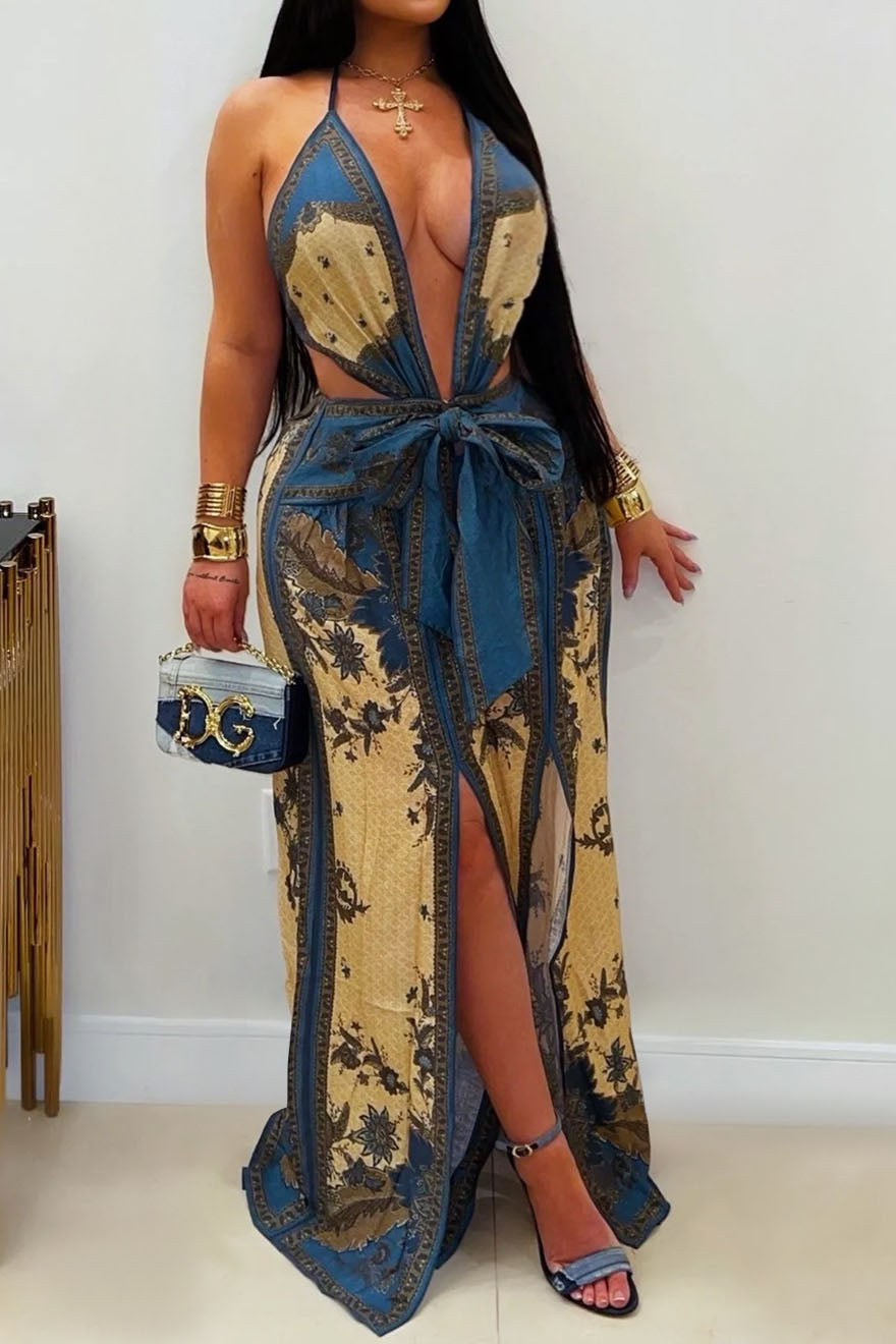 Ornate Print Halter Slit Wide Leg Jumpsuit Lavish Daily