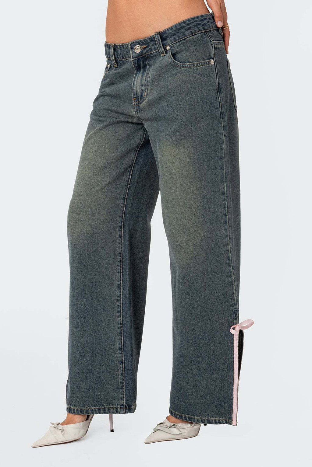 Washed Bow Slit Wide Leg Denim Pants Lavish Daily