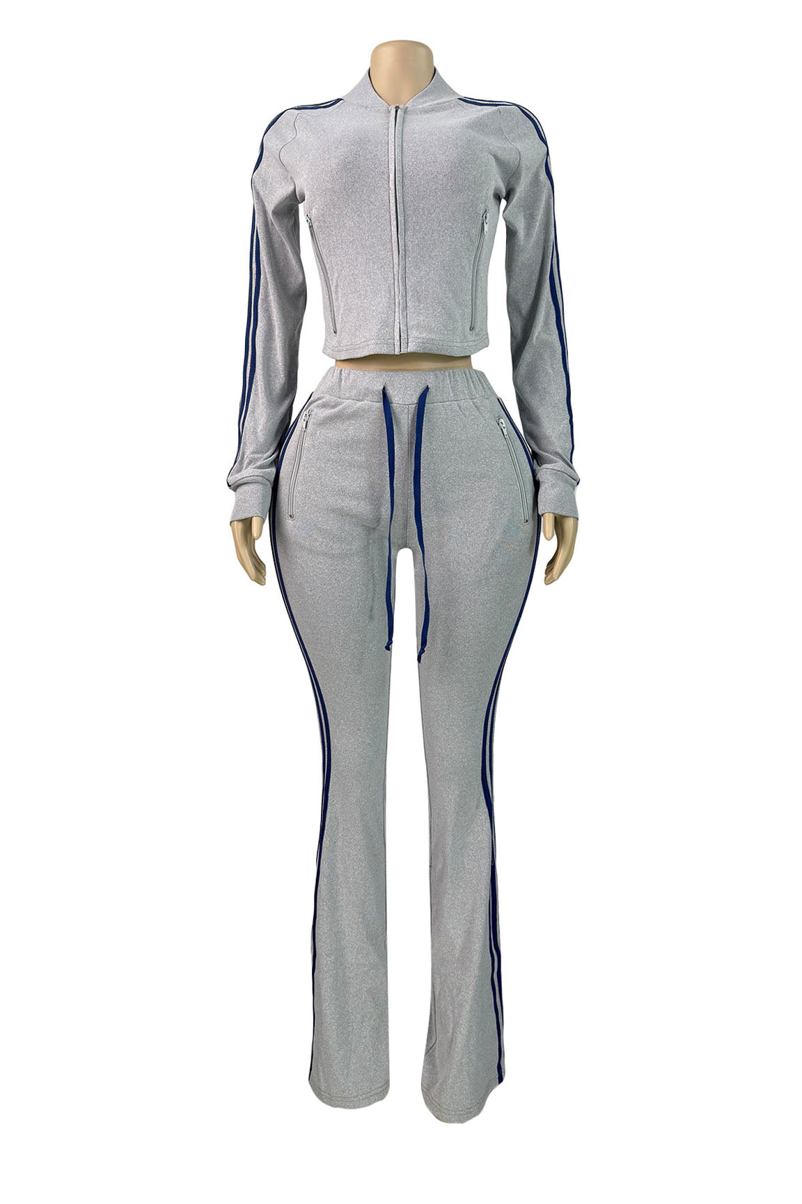 Zip Up Drawstring Stripe Flare Pants Set Lavish Daily