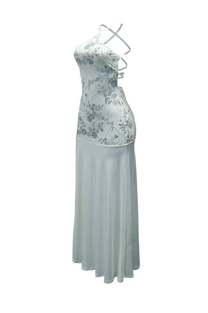 Sequin Floral Halter Mermaid Maxi Dress Lavish Daily