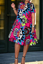 Floral V-Neck Short Sleeve Zip Dress Lavish Daily