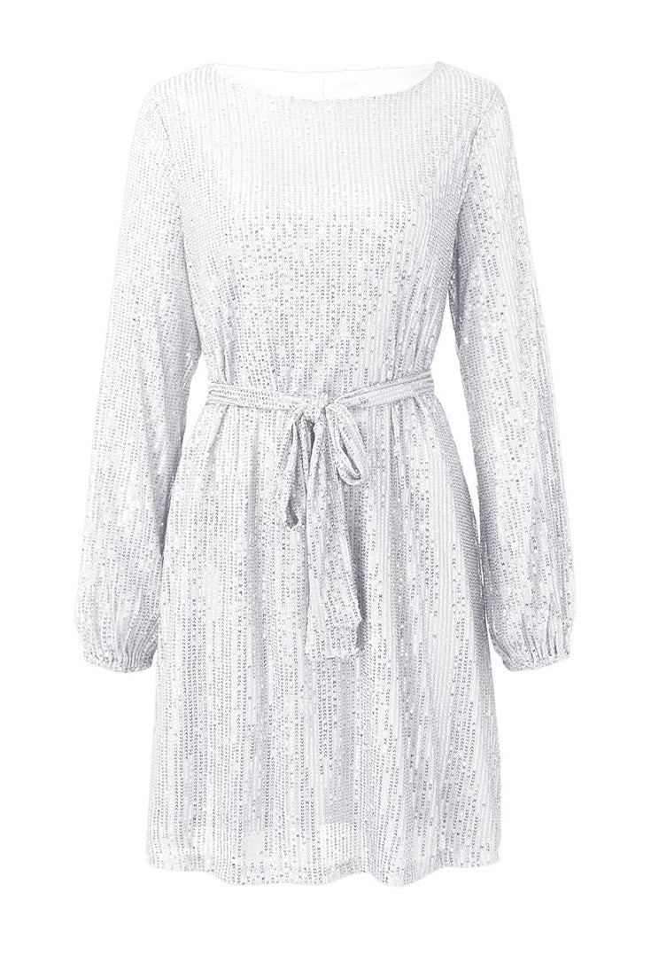 Sequin Tie Waist Long Sleeve Mini Dress Lavish Daily