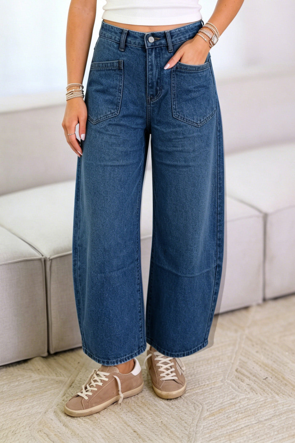 High Waist Patch Pocket Barrel Jeans Lavish Daily