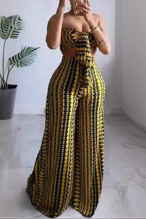 Abstract Print Knot Tube Top And Wide Leg Trouser Set Lavish Daily