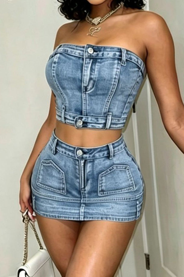 Denim Corset Top & Mini Skirt Set Lavish Daily