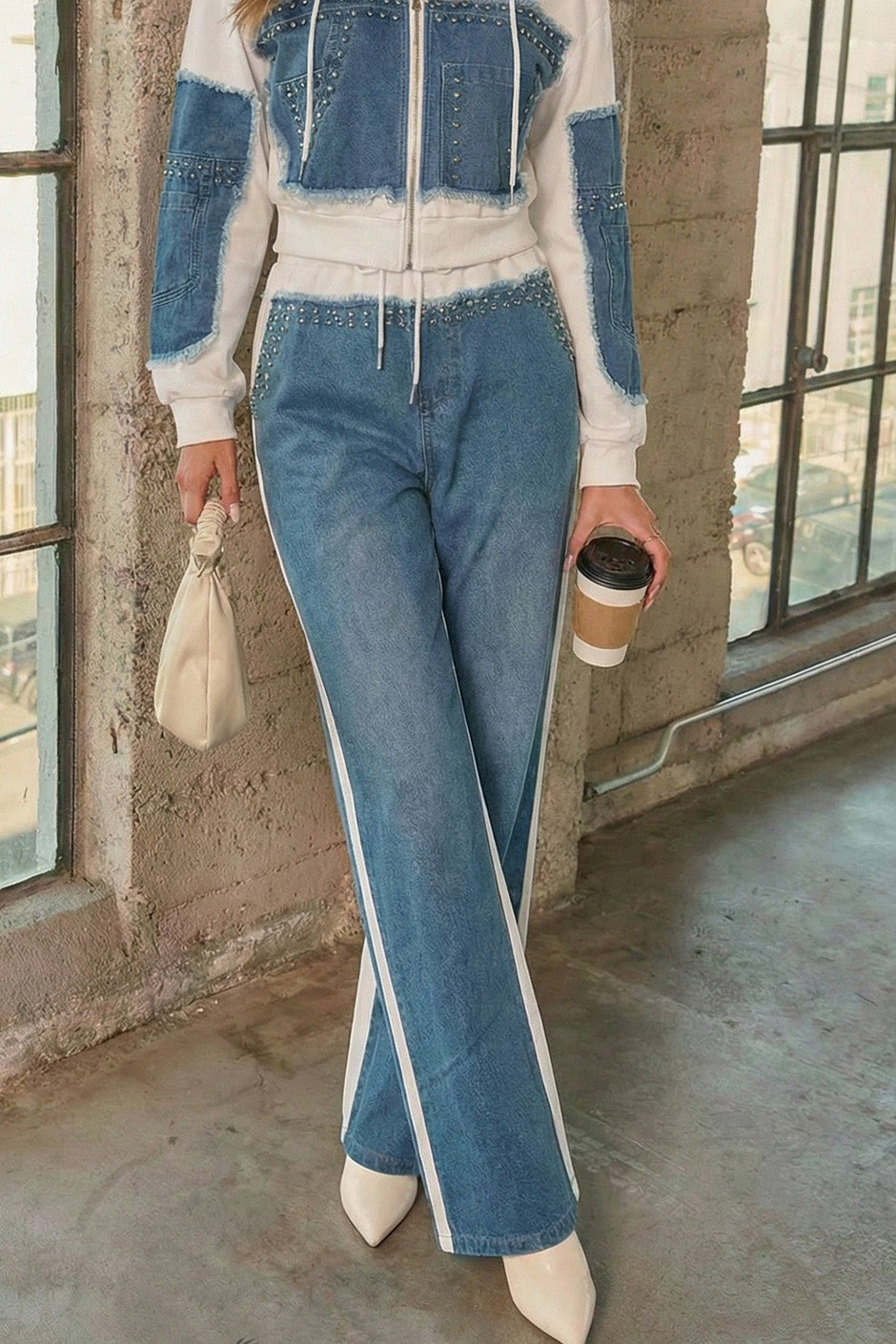 Denim Spliced Studded Wide Leg Joggers Lavish Daily